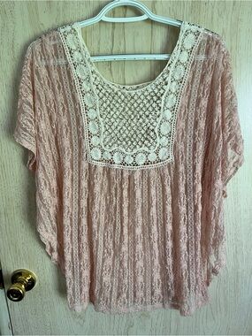 Janette Plus Vintage Lace Pink Batwing Sheer Top Sz 1XL